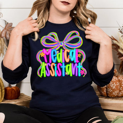 Navy neon Medical Assistant graphic sweatshirt modeled from the front