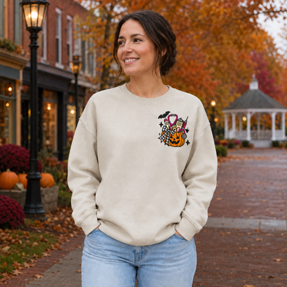 Adult woman wearing a sand sweatshirt with embroidered medical pumpkin design on the left chest