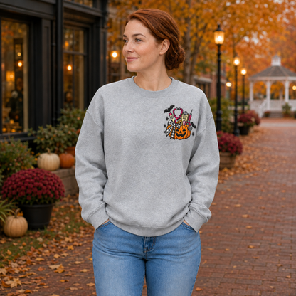 Adult woman wearing a Sport Grey sweatshirt with medical pumpkin embroidery on the left chest