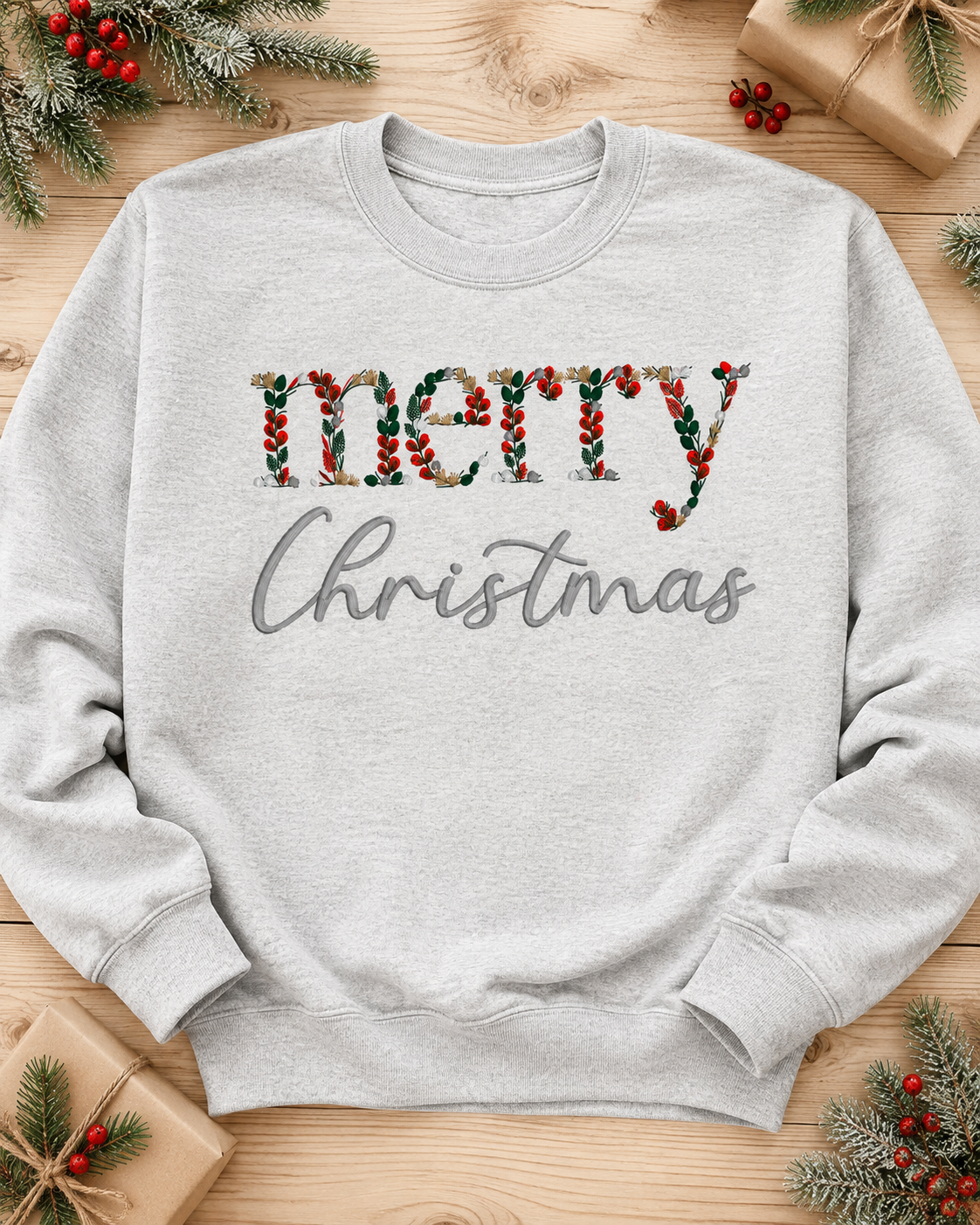 Ash Gildan Softstyle Merry Christmas floral embroidered crewneck flat lay