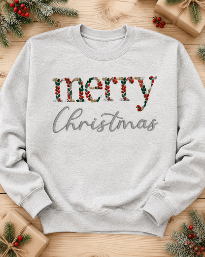 Ash Gildan Softstyle Merry Christmas floral embroidered crewneck flat lay