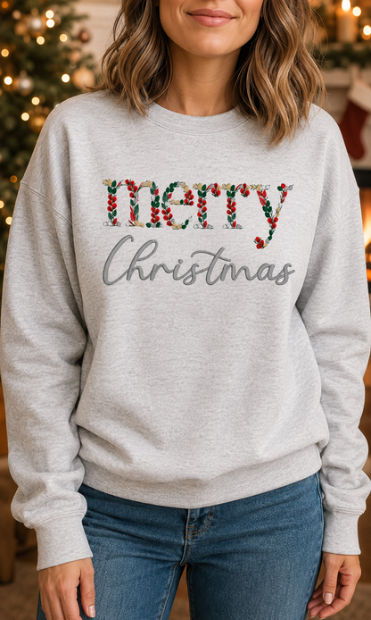 Merry Christmas floral embroidery on ash Gildan Softstyle crewneck sweatshirt lifestyle mockup