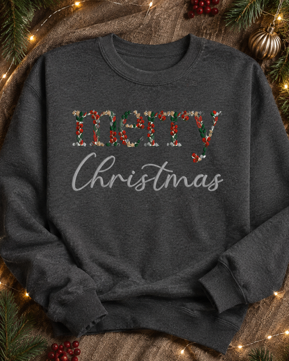 Dark heather Gildan Softstyle Merry Christmas floral embroidered crewneck flat lay