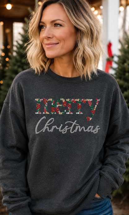 Merry Christmas floral embroidery on dark heather Gildan Softstyle crewneck sweatshirt lifestyle mockup