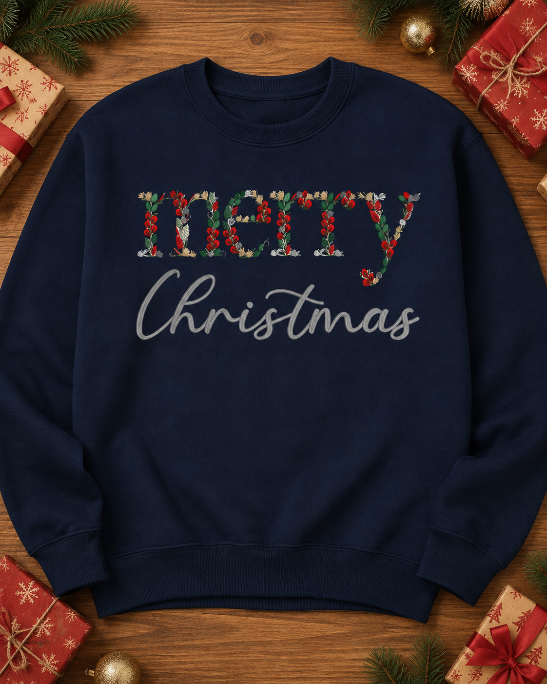 Navy Gildan Softstyle Merry Christmas floral embroidered crewneck flat lay