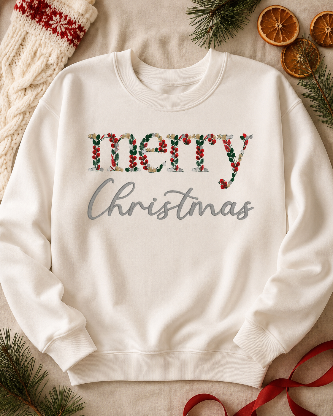 Off white Gildan Softstyle Merry Christmas floral embroidered crewneck flat lay