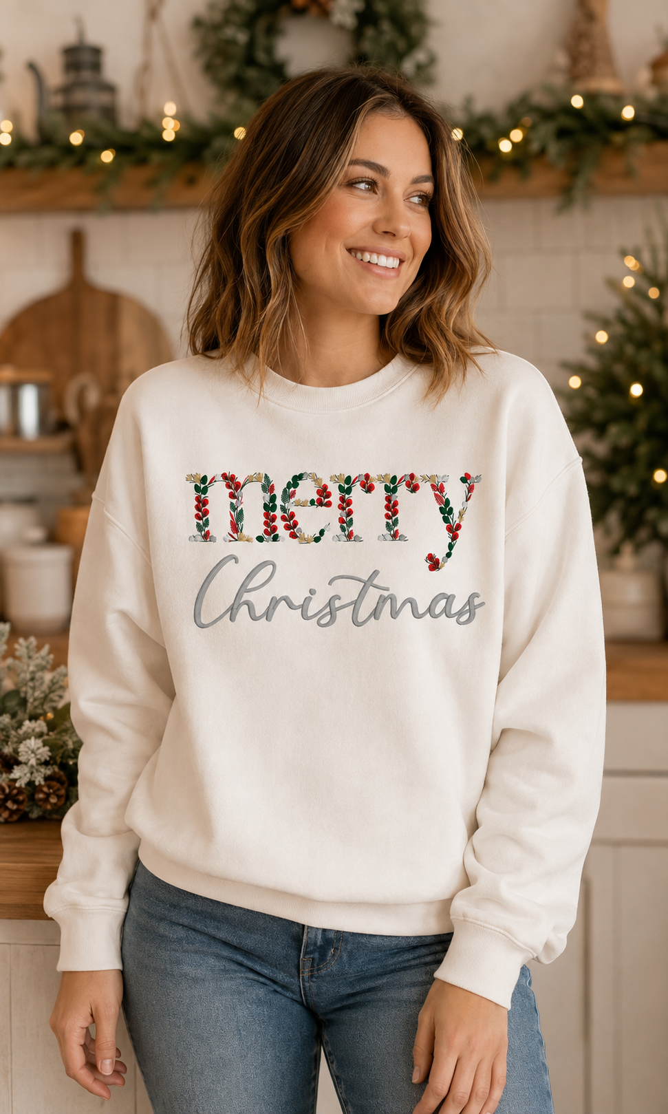 Merry Christmas floral embroidery on off white Gildan Softstyle crewneck sweatshirt lifestyle mockup