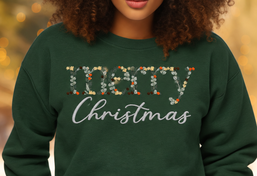 Forest Green sweatshirt floral Merry Christmas embroidery close-up