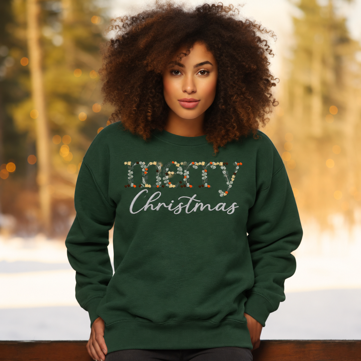 Forest Green Gildan Softstyle Merry Christmas floral embroidered sweatshirt lifestyle mockup