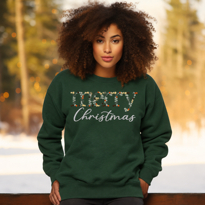 Forest Green Gildan Softstyle Merry Christmas floral embroidered sweatshirt lifestyle mockup