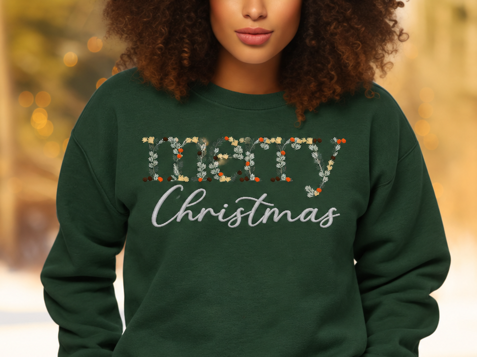 Forest Green Gildan Softstyle crewneck embroidery and fabric detail
