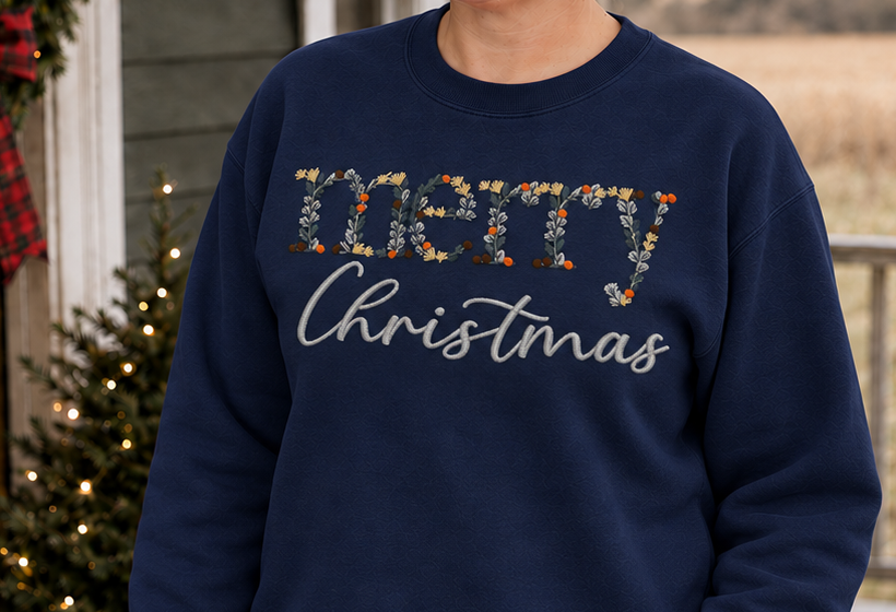 Navy sweatshirt floral Merry Christmas embroidery close-up