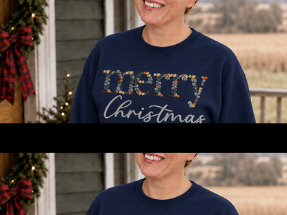 Navy Gildan Softstyle crewneck embroidery and fabric detail