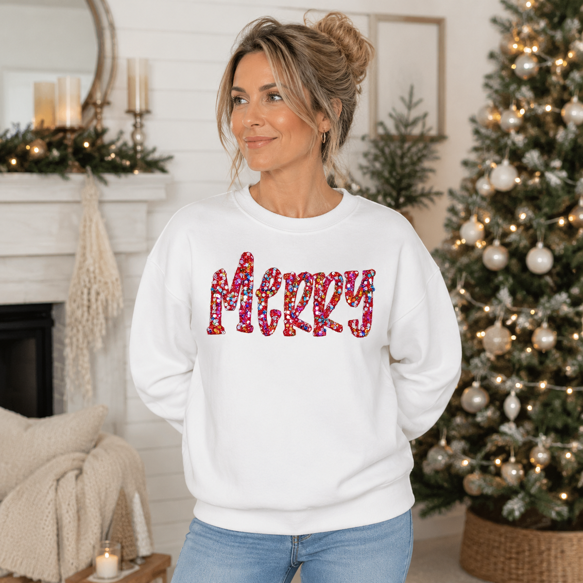 Merry Sequin Christmas Sweatshirt | Comfort Colors Crewneck – modeled front view