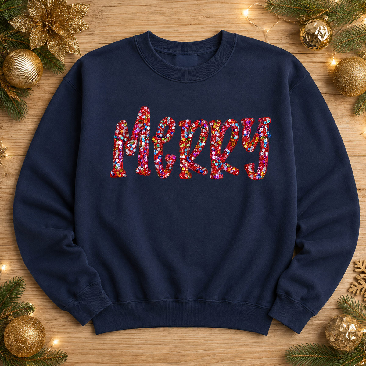 Merry Sequin Christmas Sweatshirt | Comfort Colors Crewneck – fit and styling view