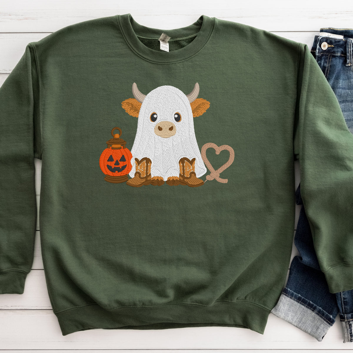 Military Green embroidered ghost cow Halloween crewneck sweatshirt flat lay