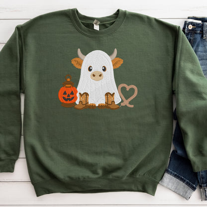 Military Green embroidered ghost cow Halloween crewneck sweatshirt flat lay
