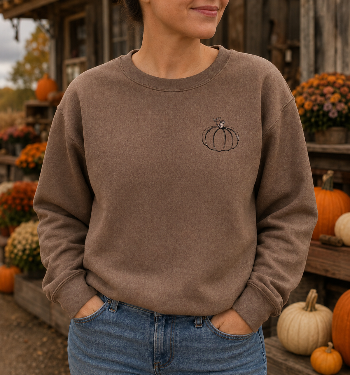 Brown Savanna Gildan Softstyle sweatshirt with small black pumpkin embroidery in a fall farmstand setting