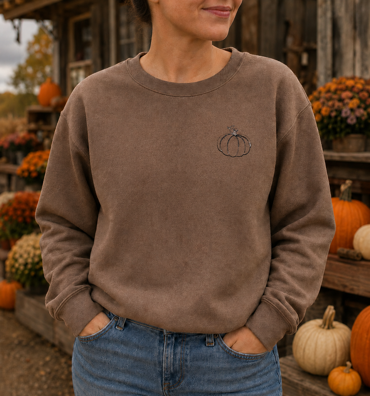 Brown Savanna Gildan Softstyle sweatshirt with small black pumpkin embroidery at a fall pumpkin stand