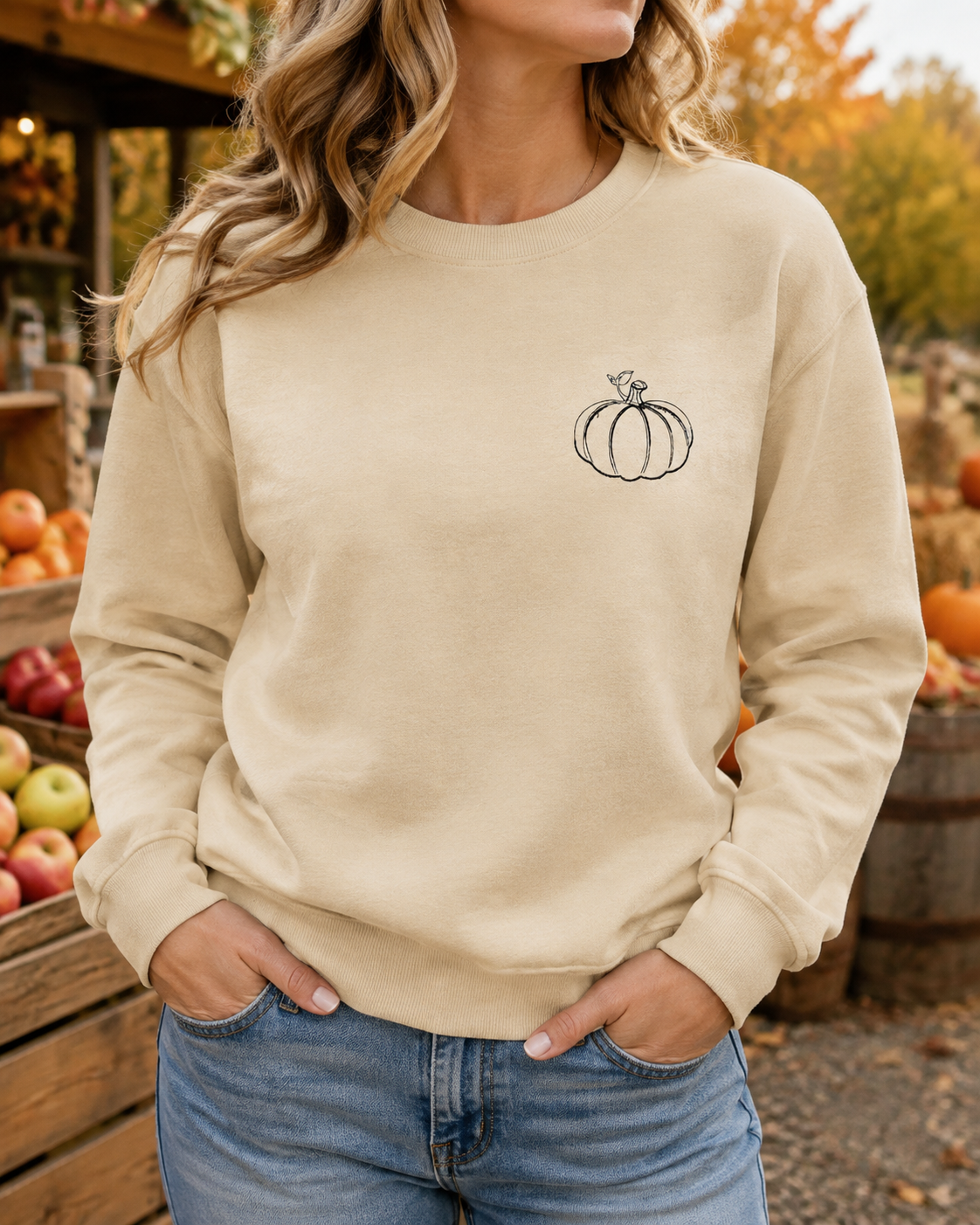 Sand Gildan Softstyle sweatshirt with small black pumpkin embroidery at an autumn apple orchard