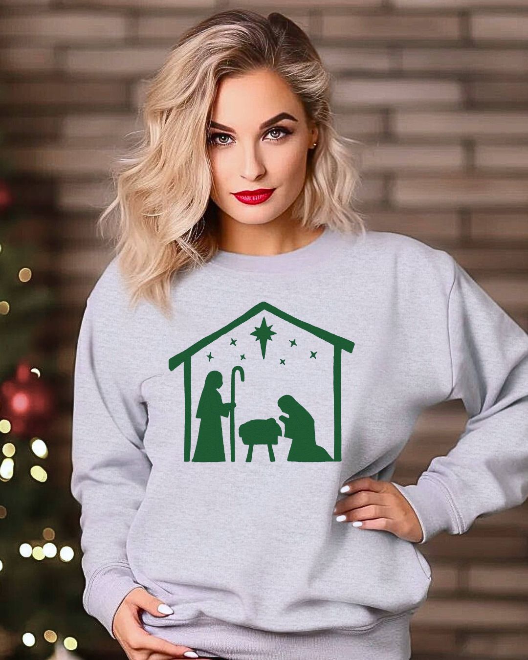 Minimalist Nativity embroidered Christmas sweatshirt in Ash with custom green thread