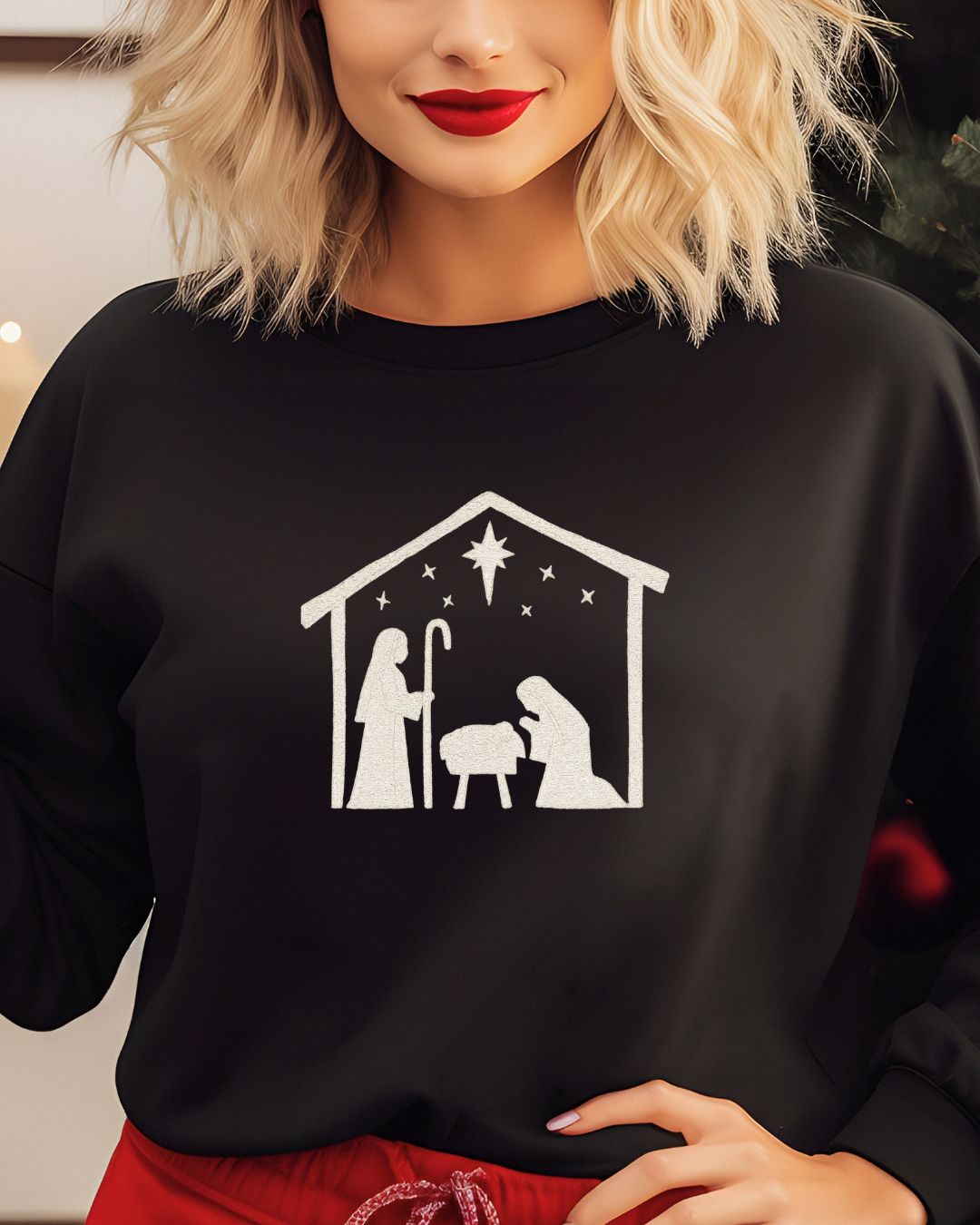 Minimalist Nativity embroidered Christmas sweatshirt in Black with contrasting thread