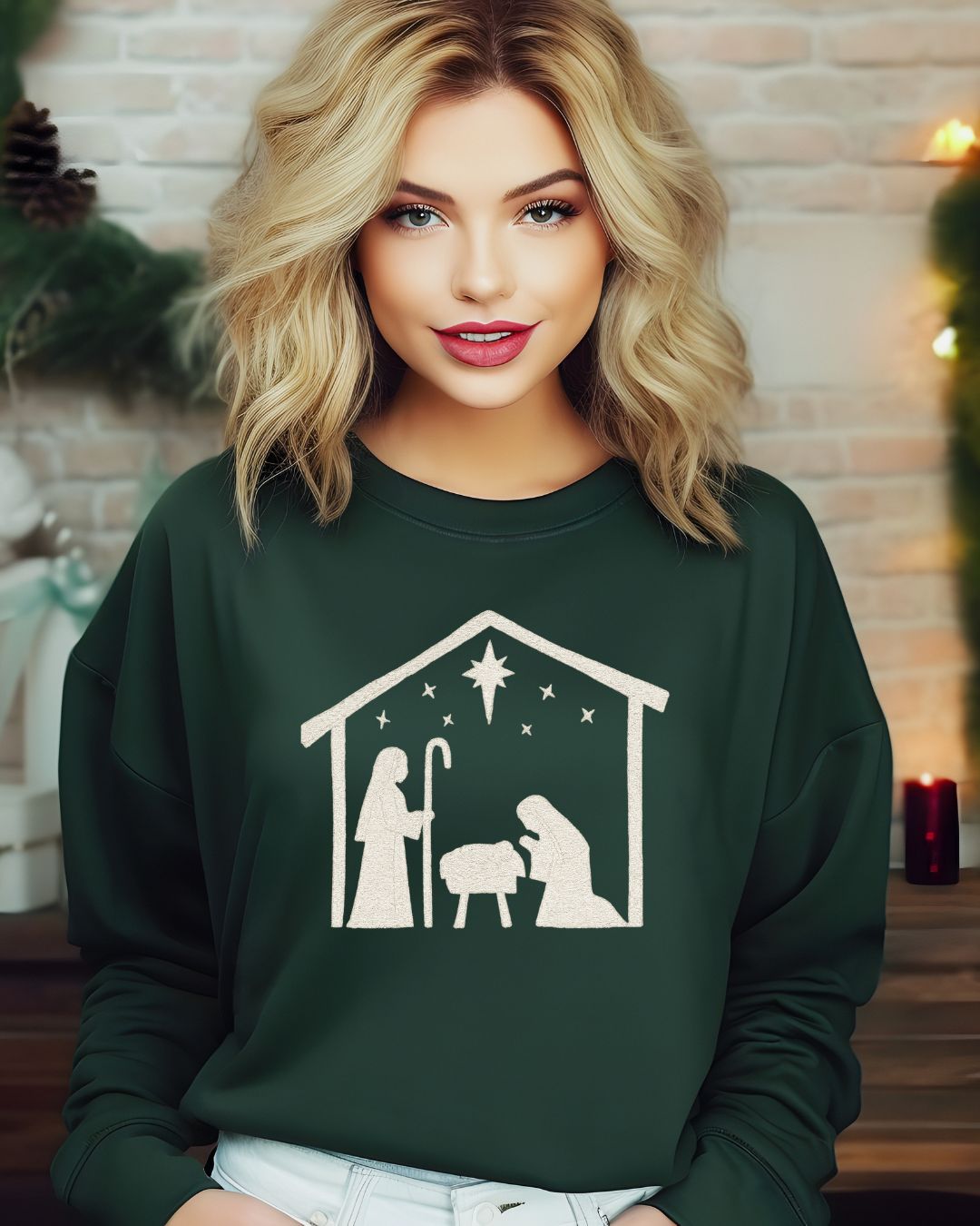 Minimalist Nativity embroidered Christmas sweatshirt in Forest with contrasting thread
