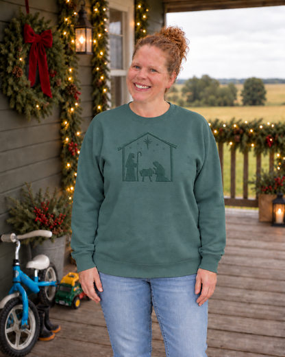 Samantha wearing a Hanes Cactus Minimalist Nativity sweatshirt with matching tone-on-tone Cactus embroidery