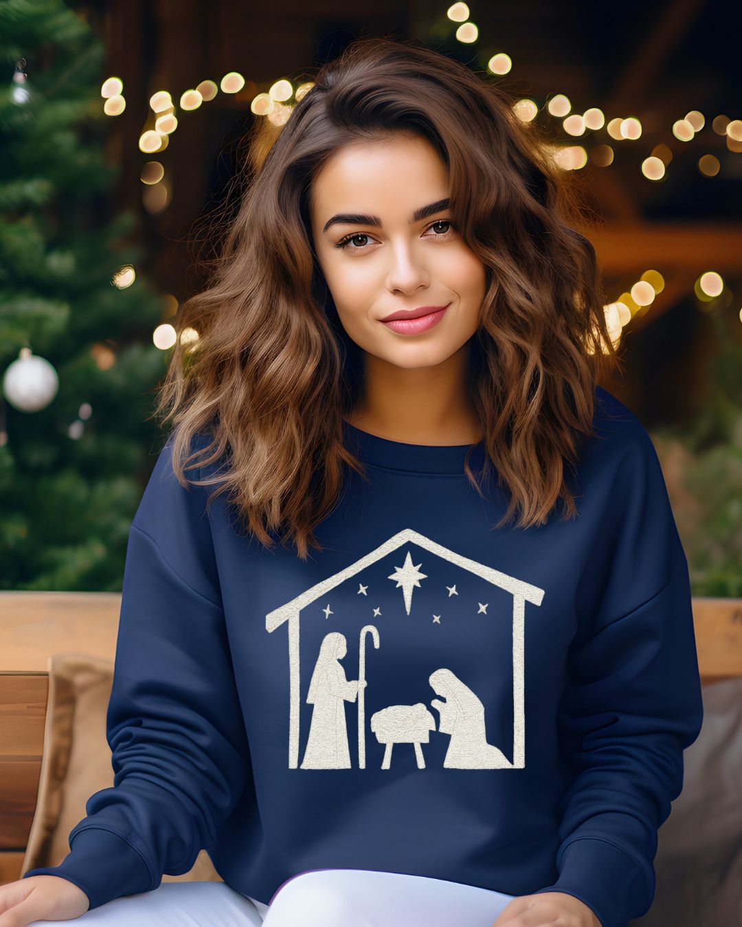 Minimalist Nativity embroidered Christmas sweatshirt in Navy with contrasting thread