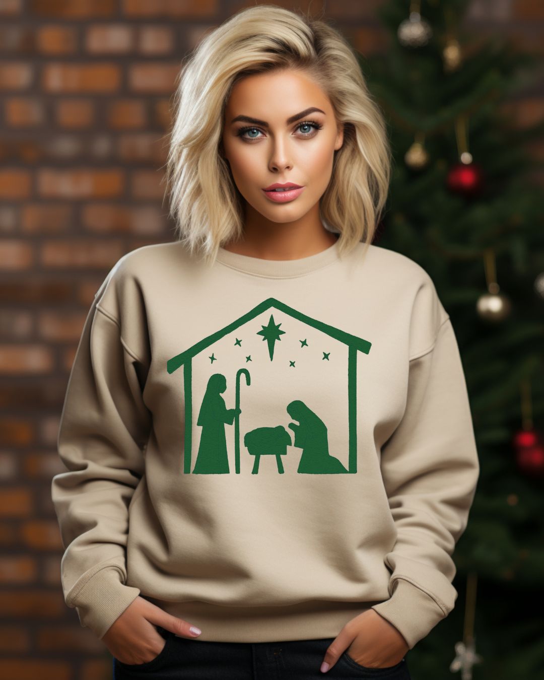 Minimalist Nativity embroidered Christmas sweatshirt in Sand with custom green thread