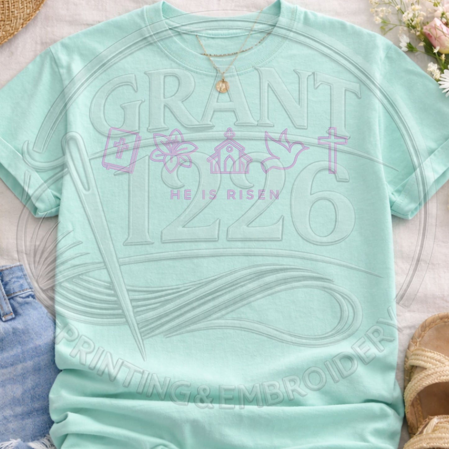 Chalky mint pastel Easter Christian t shirt featuring He Is Risen design with Bible, dove and cross icons