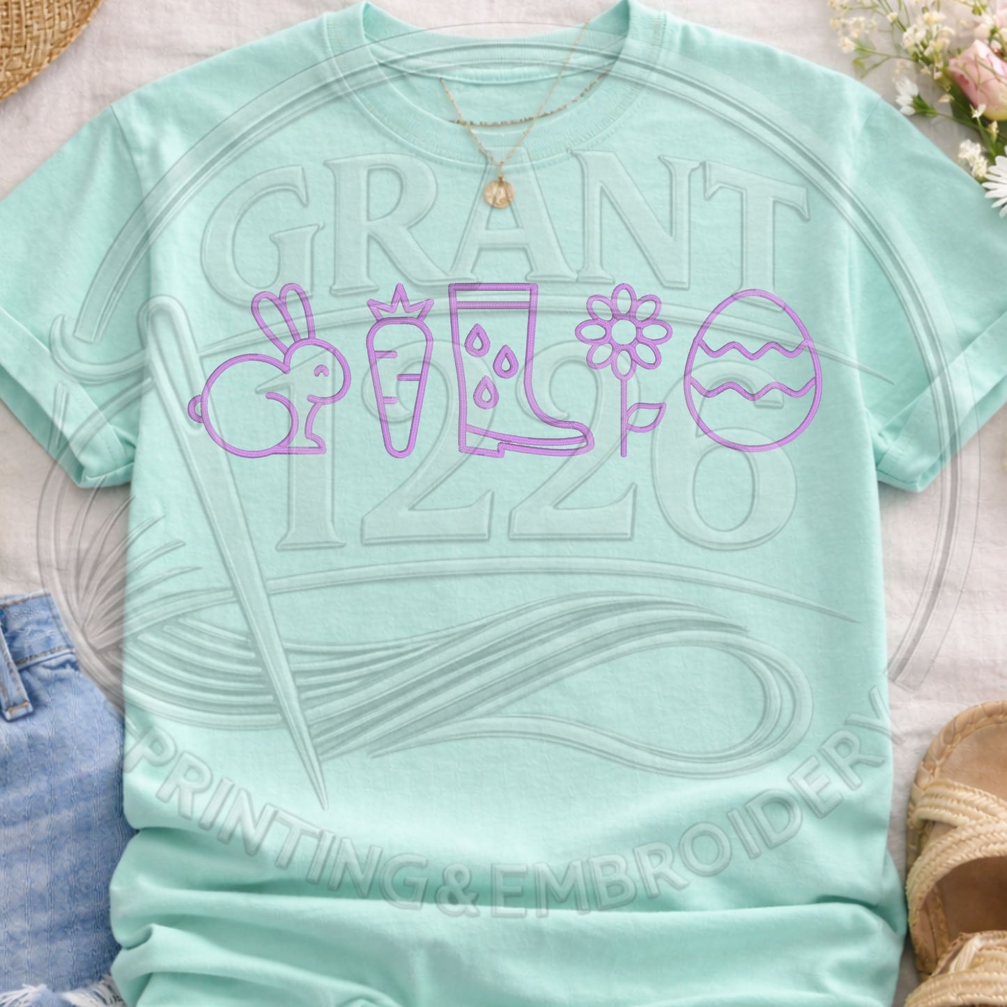 Mint pastel embroidered spring icons t-shirt