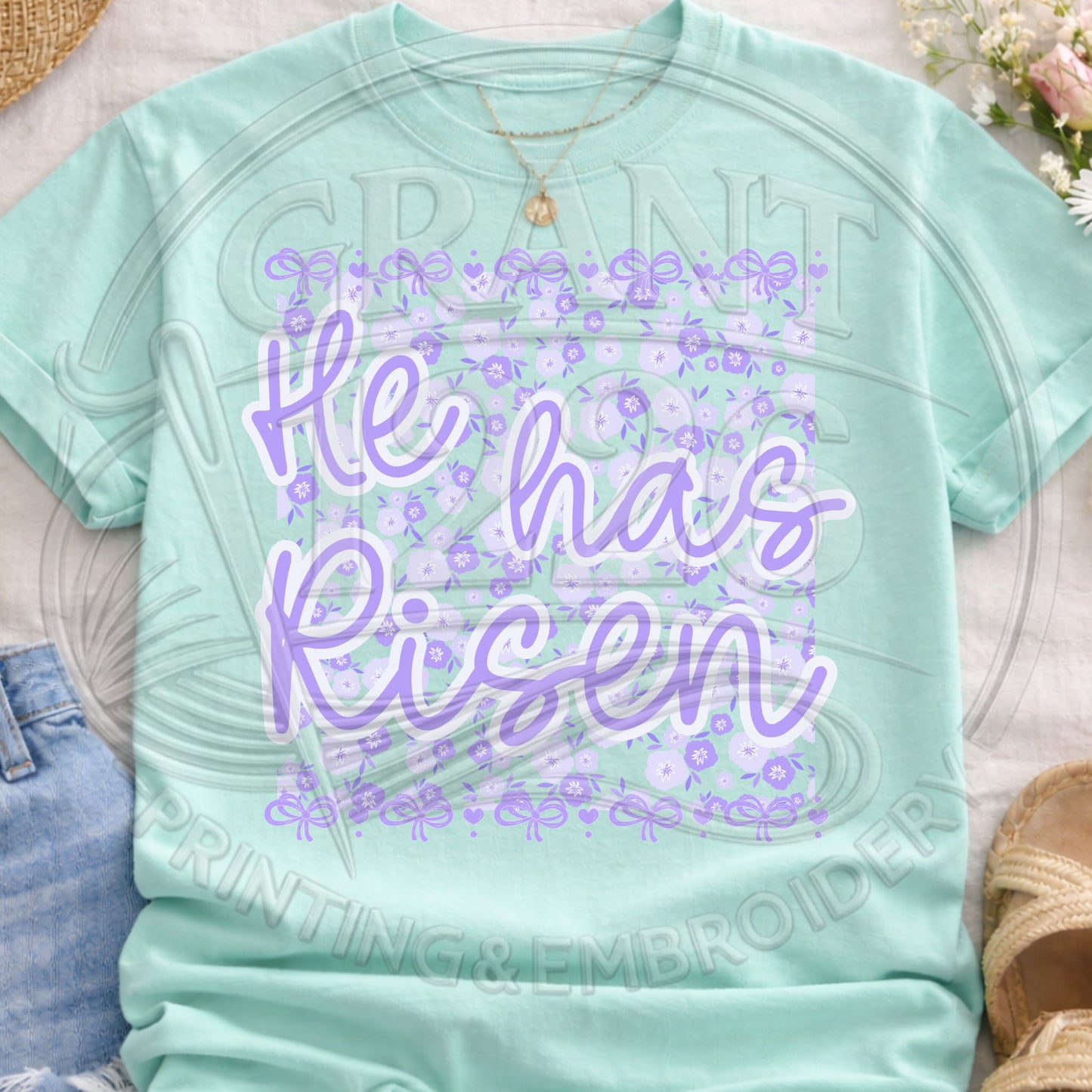 Mint green “He Has Risen” pastel graphic tee