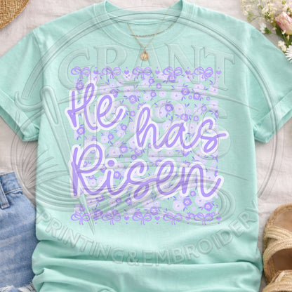 Mint green “He Has Risen” pastel graphic tee