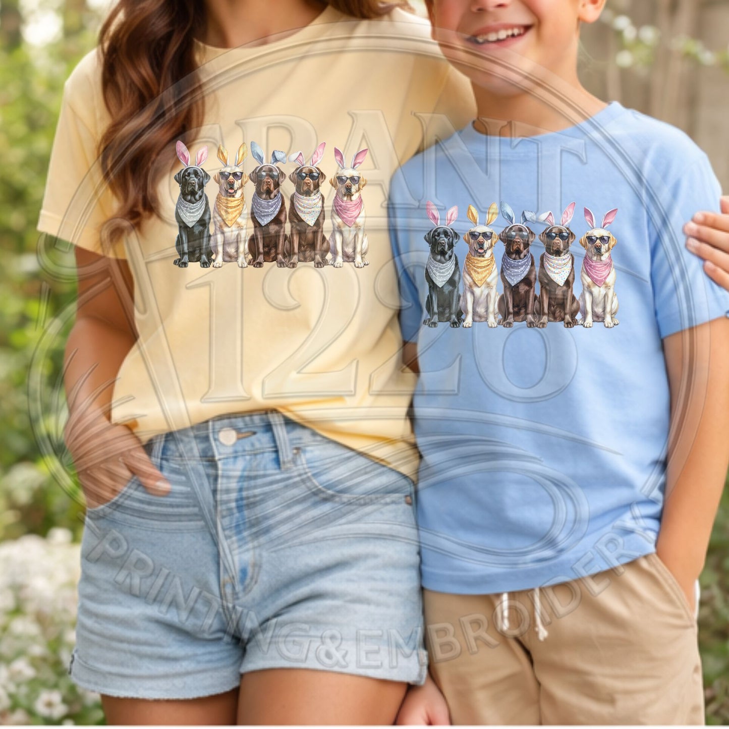 Mom and son matching Easter shirt set in Butter and Carolina Blue styled for spring.