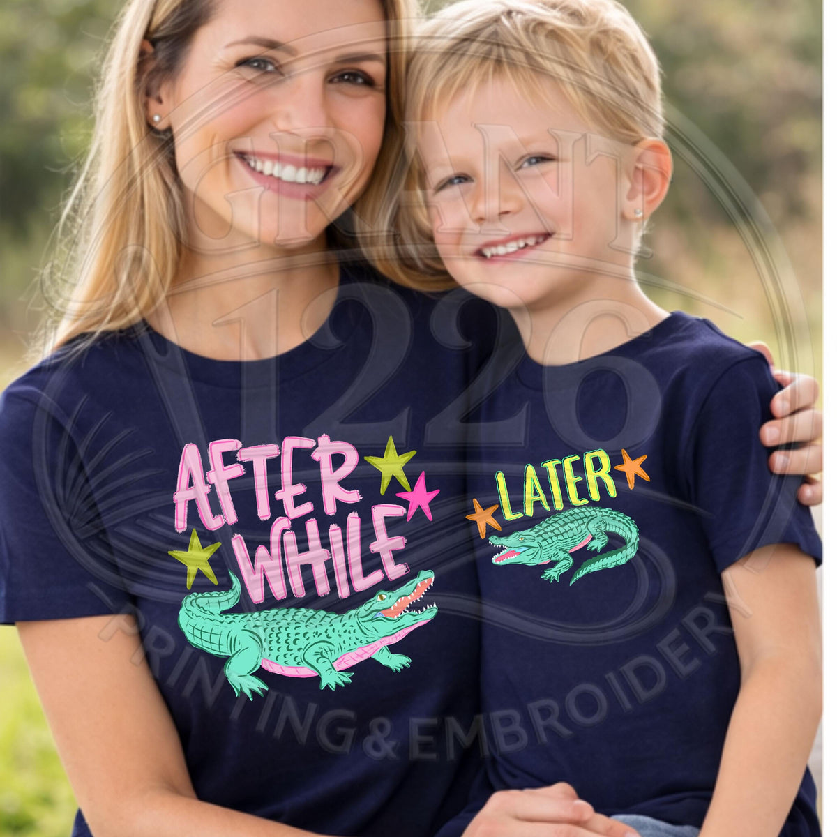 Mom and child wearing navy After While and Later Alligator matching shirts