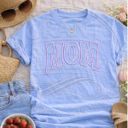 Comfort Colors chambray mom shirt with pink puff embroidered varsity MOM design