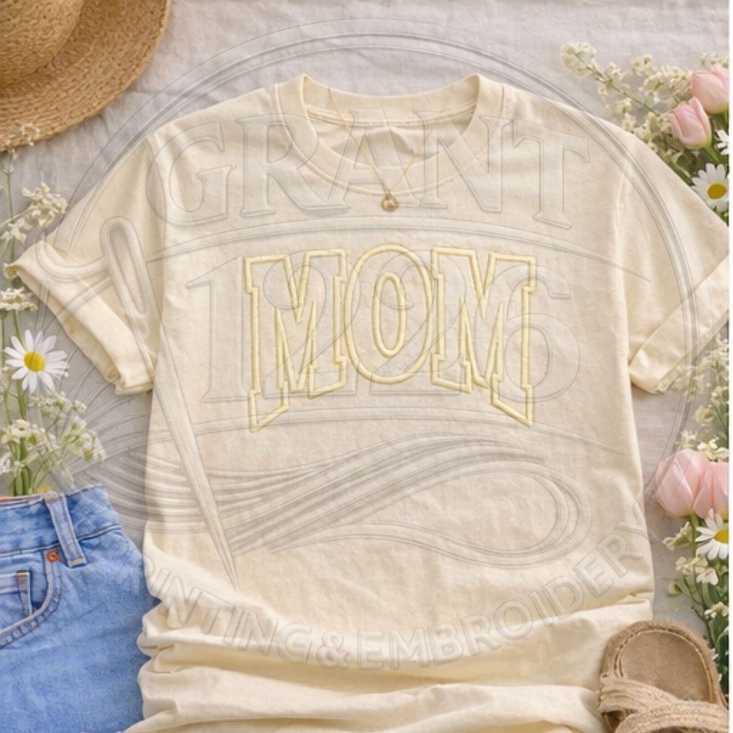 Cream Comfort Colors mom shirt with puff embroidered varsity MOM design