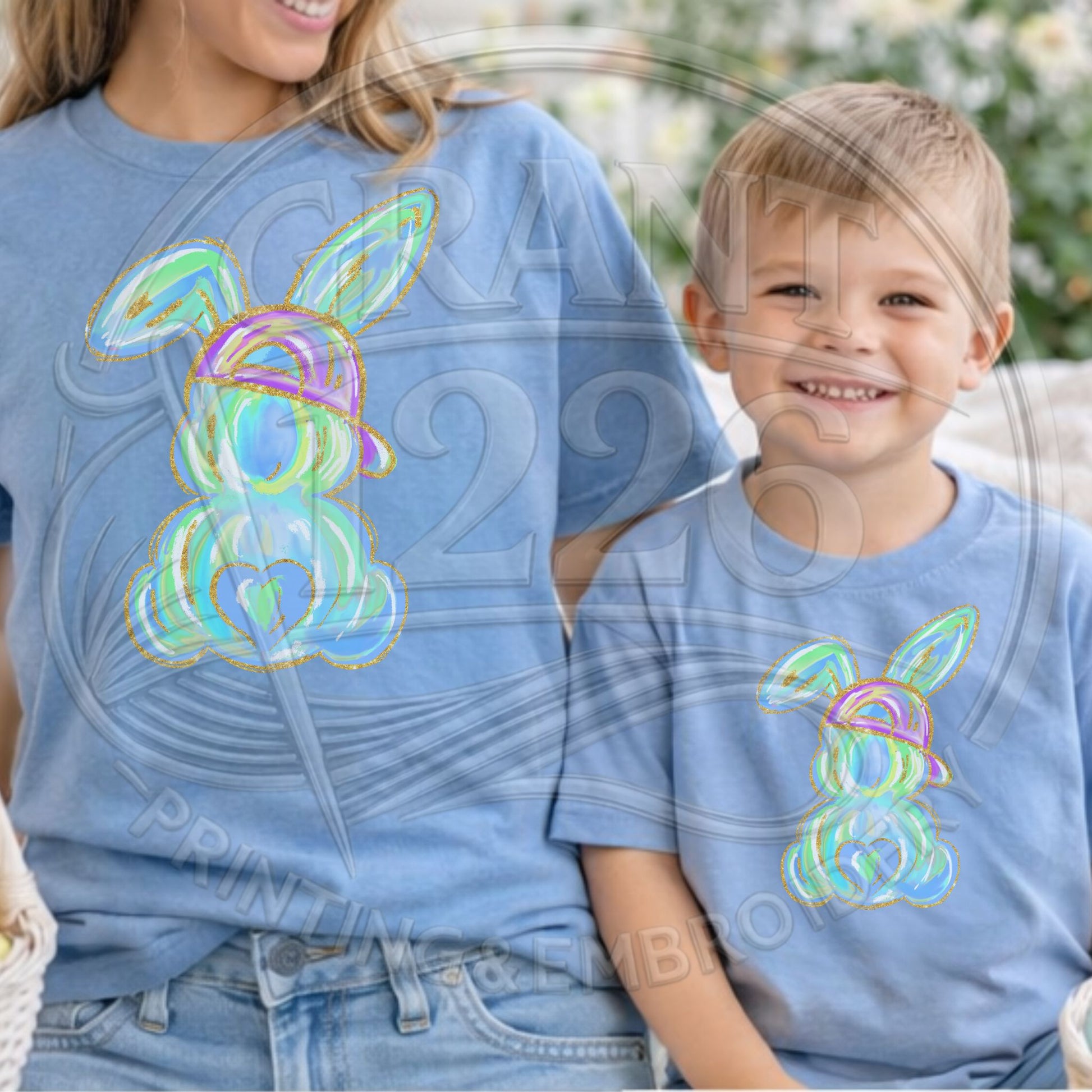 Mom and son matching blue Easter bunny shirts