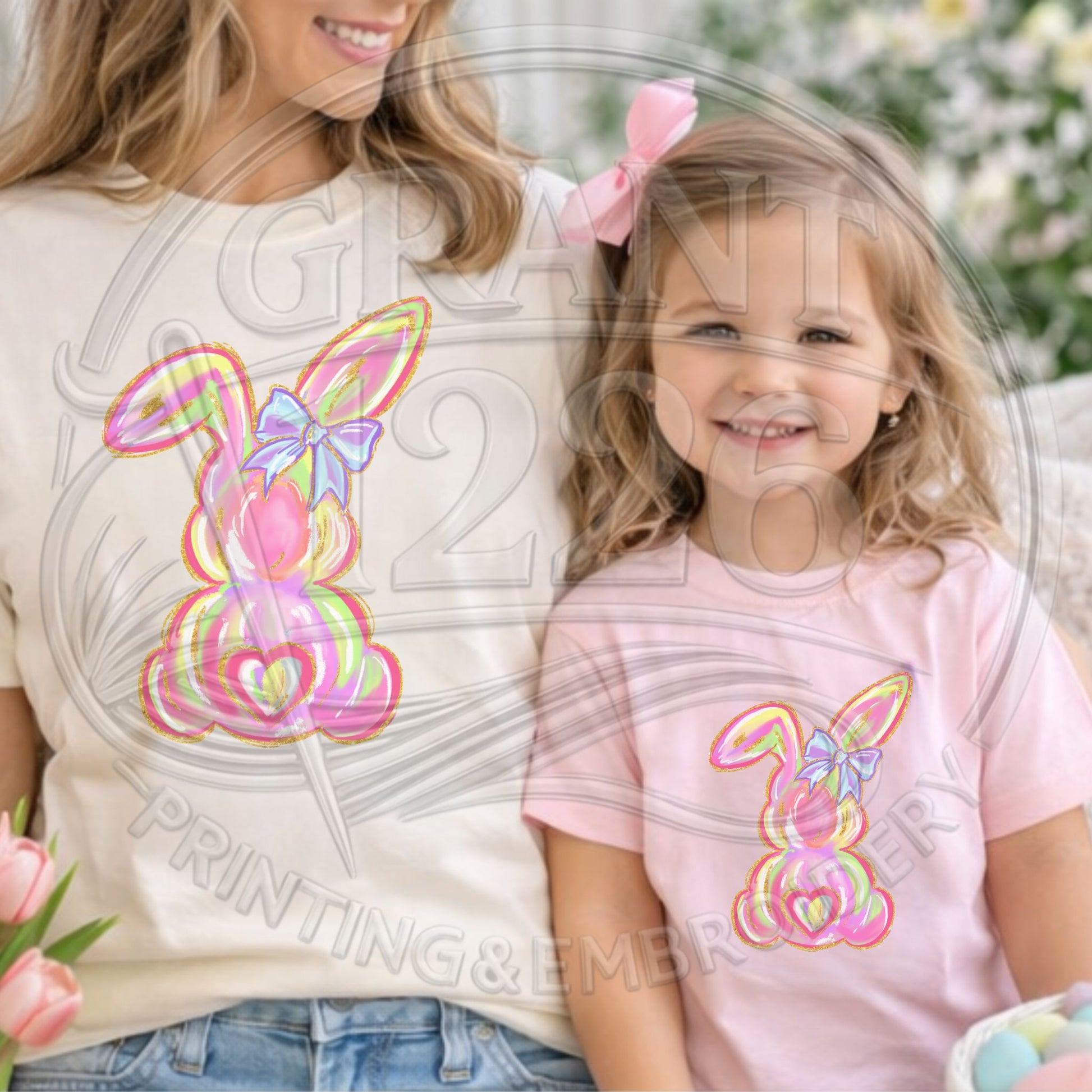 Mom and daughter matching pink Easter bunny shirts for spring