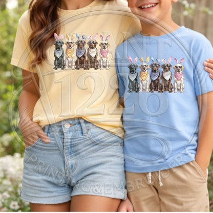 Mom and son wearing coordinated spring Easter shirts in Butter and Carolina Blue.