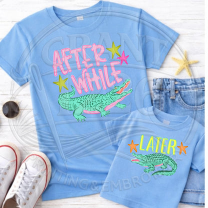 Mommy and me Carolina blue matching shirts with After While and Later Alligator designs