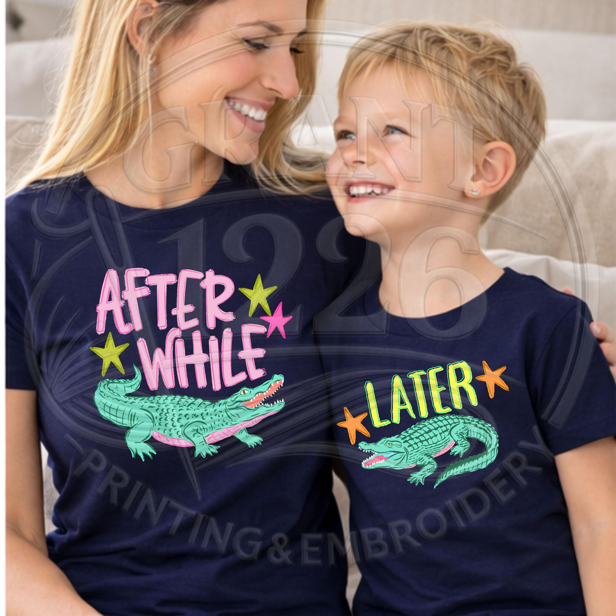 Navy family matching shirts with After While and Later Alligator graphics