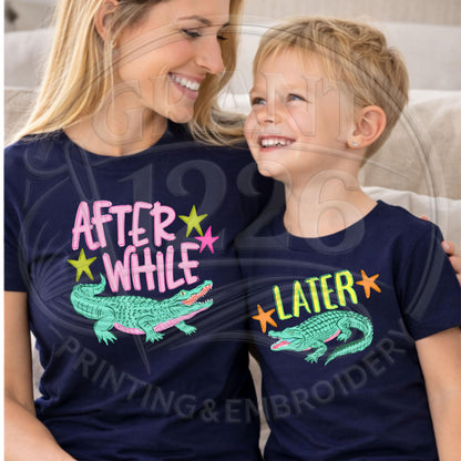 Navy family matching shirts with After While and Later Alligator graphics