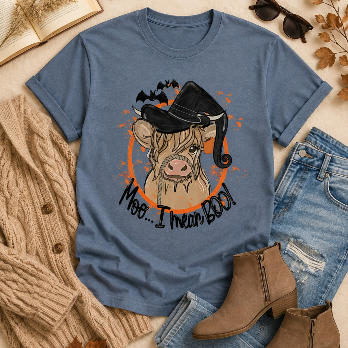 Blue Jean Comfort Colors Moo I Mean Boo Highland cow Halloween short-sleeve shirt flat lay