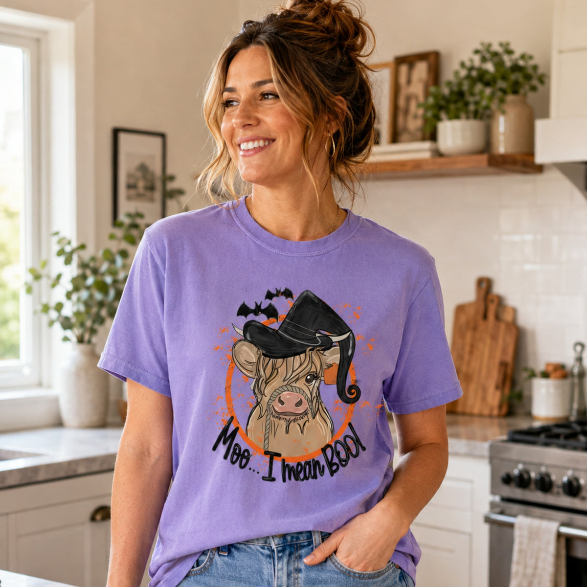 Woman wearing a Violet Comfort Colors Highland cow witch Halloween short-sleeve shirt