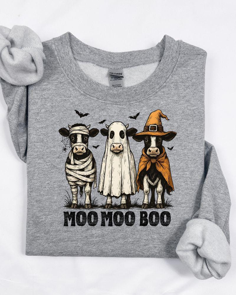 Moo Moo Boo Halloween cow sweatshirt hero image