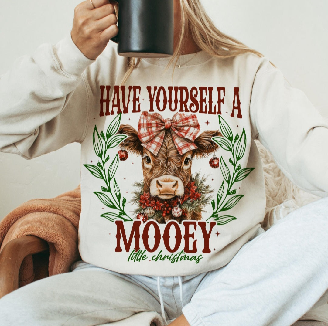 Have Yourself a Mooey Christmas cow printed sweatshirt front view