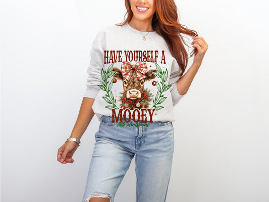 Have Yourself a Mooey Christmas cow sweatshirt in ash gray lifestyle mockup