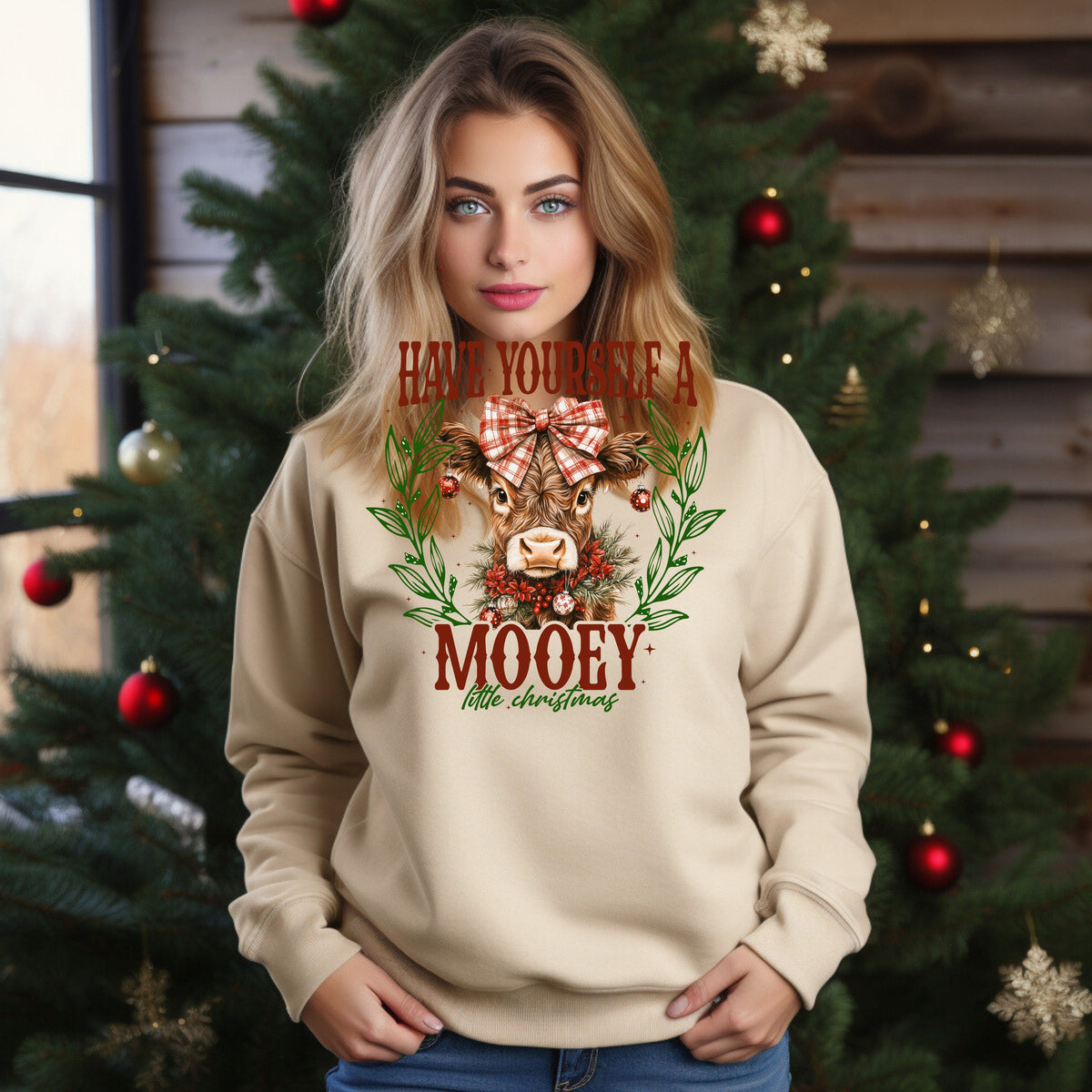 Mooey Christmas cow sweatshirt in sand Christmas lifestyle mockup